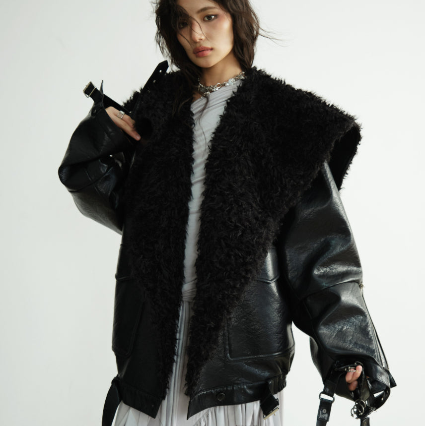 Mi-longueur Veste en cuir de silhouette PU poids lourd