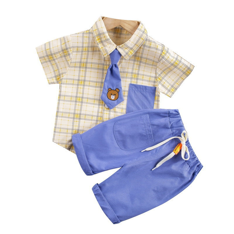 Gentlemans mode Plaid Tie Lapel Shirt and Shorts Ensemble à deux pièces