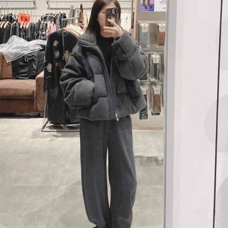 Style coréen Retro Gray Stand-collar Corduroy Loose Coton Veste rembourrée