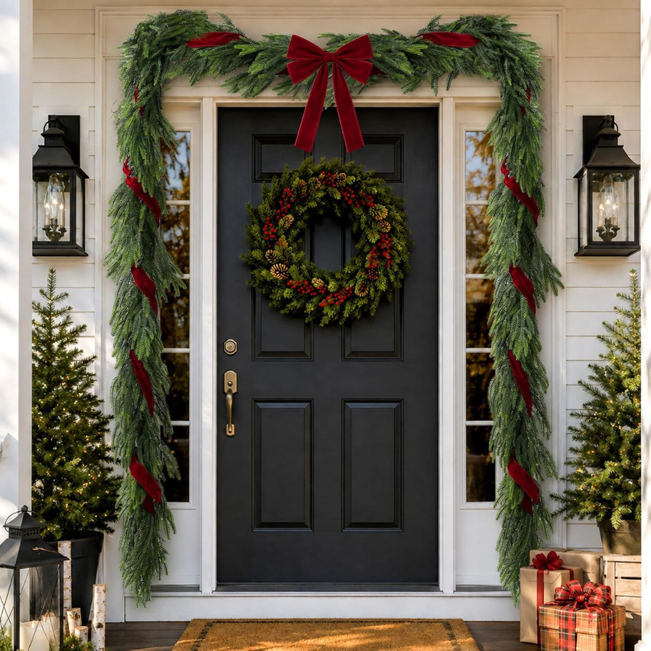 Decor de Noël 6FT Norfolk Pine Garland avec ruban Bows Velvet rouge