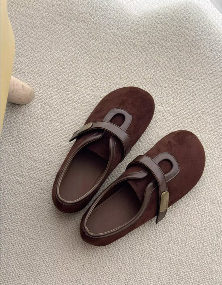 Femmes Automne Round Toe Woolen Retro Velcro Ballet Flats