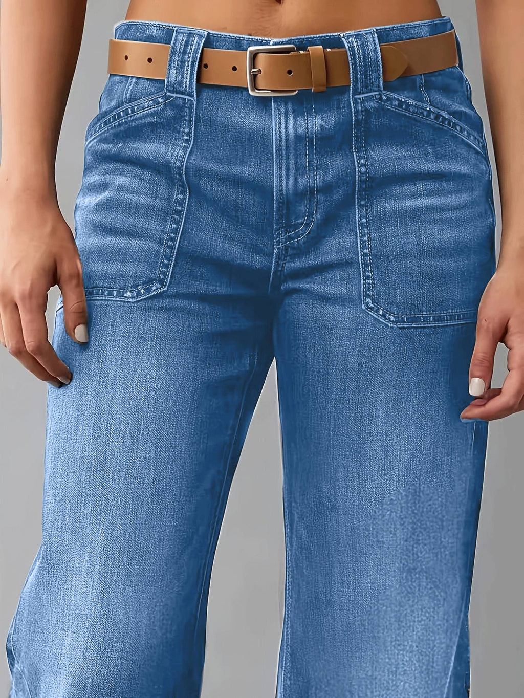 Vintage bleu lavé Cargo large jambe pantalons de denim haute montée deux poches avant perdu rétro