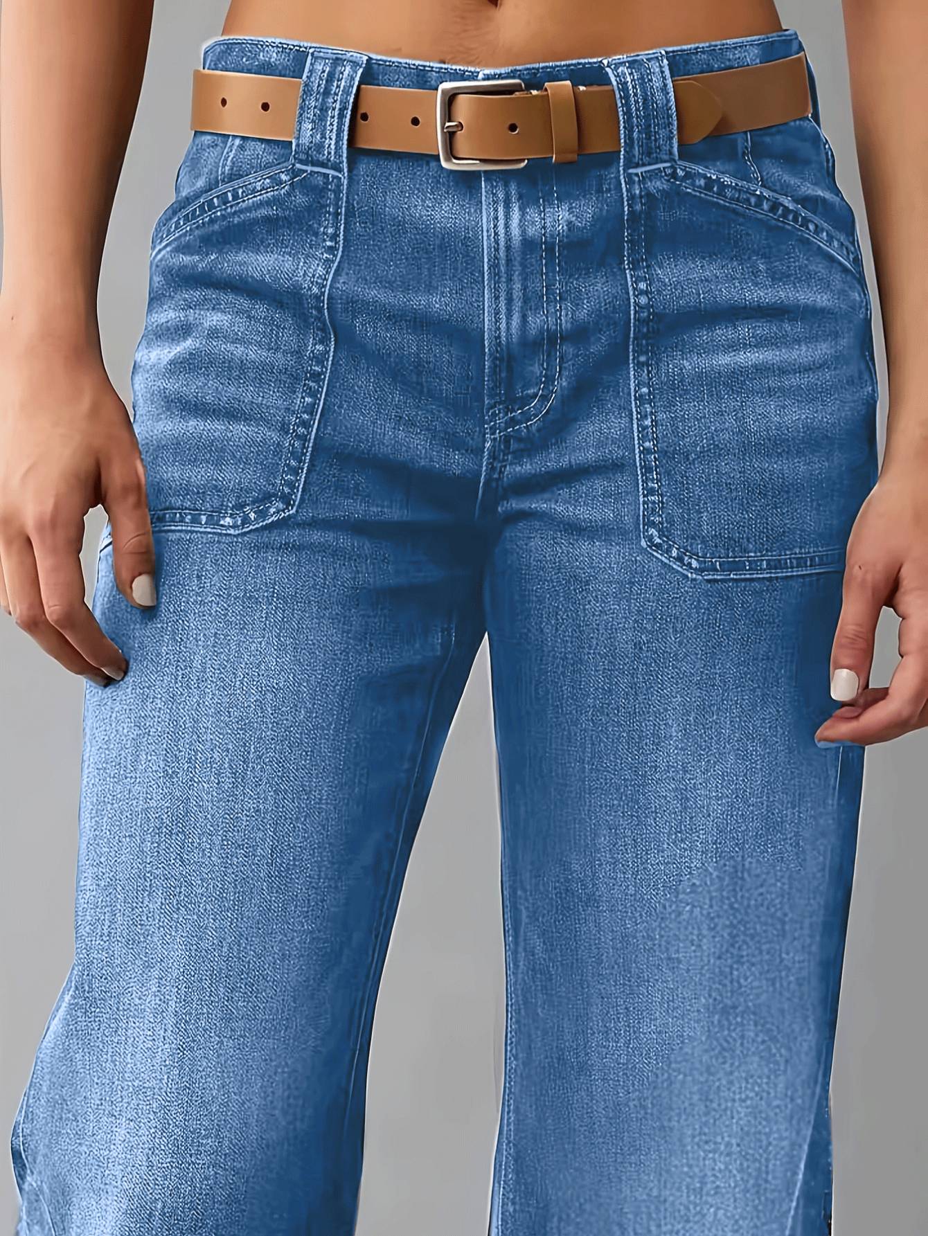 Vintage bleu lavé Cargo large jambe pantalons de denim haute montée deux poches avant perdu rétro