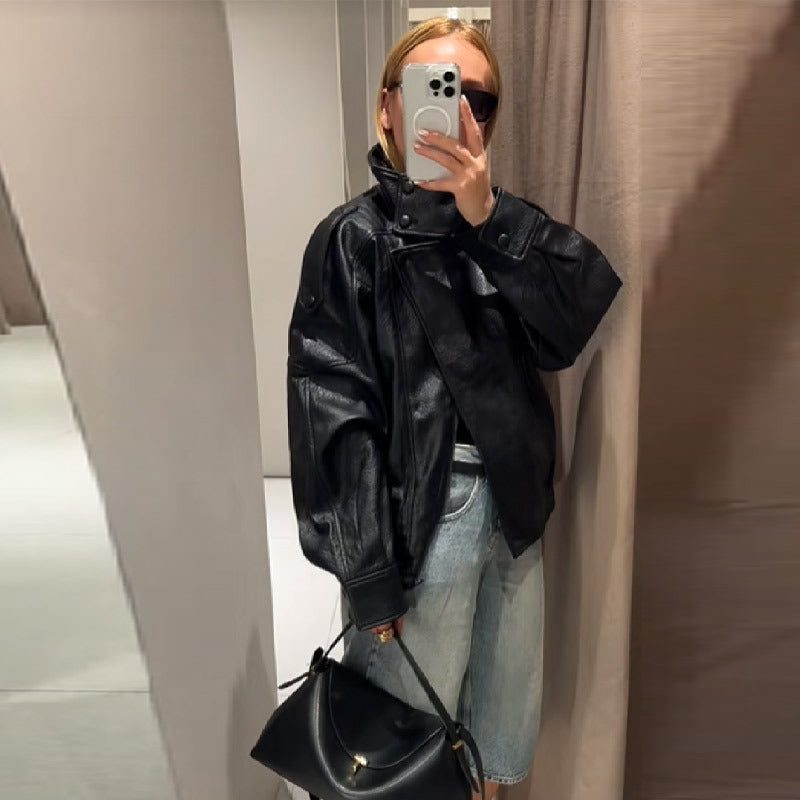 Veste en cuir retro biker-Style avec support de collier