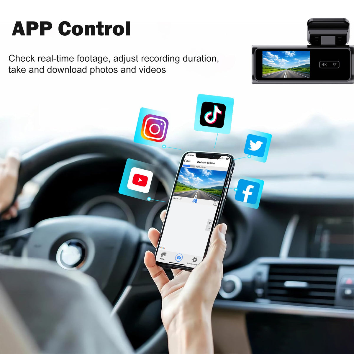 CAR DVR compatible WIFI avec un écran de 197 pouces pour la connectivité de téléphone mobile