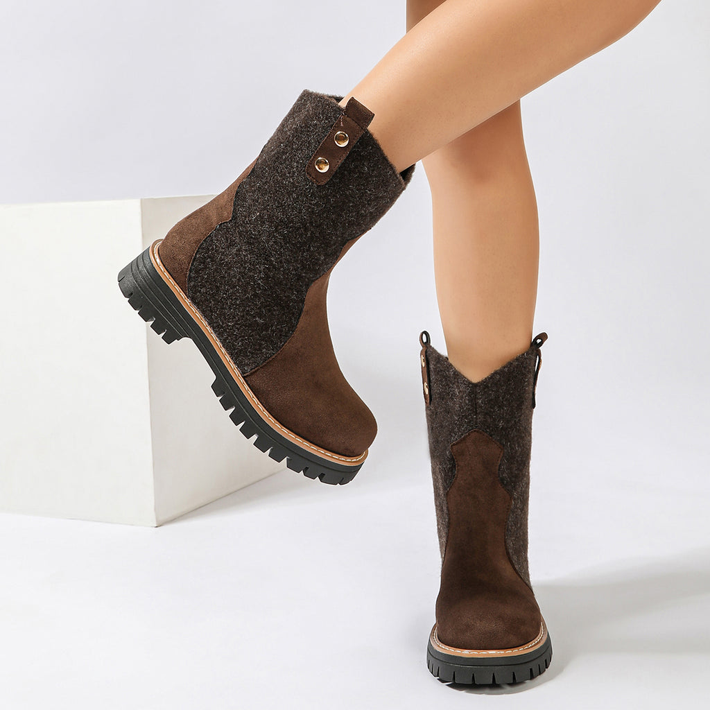 Automne Hiver Arrivée Femmes Plus Taille Vintage Mid-Calf Bottes Suede Bloc Talon Rond Toe Mi