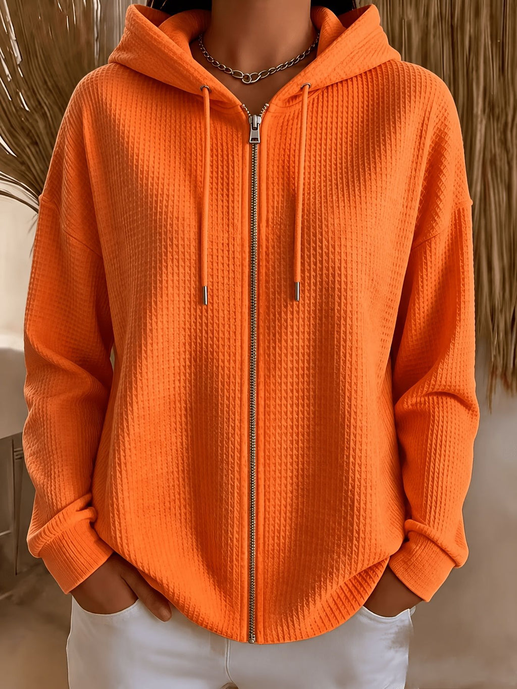 Femmes surdimensionné Waffle Knit Full Zip Veste à capuche