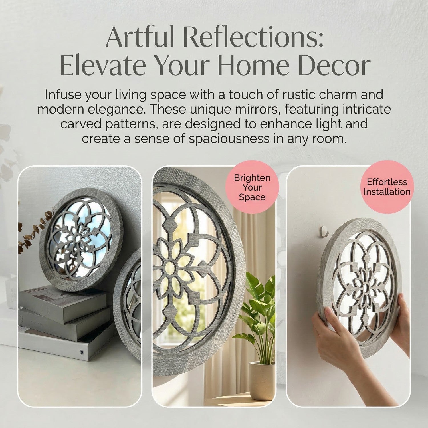 2 Pack Miroir mural en bois rond rustique