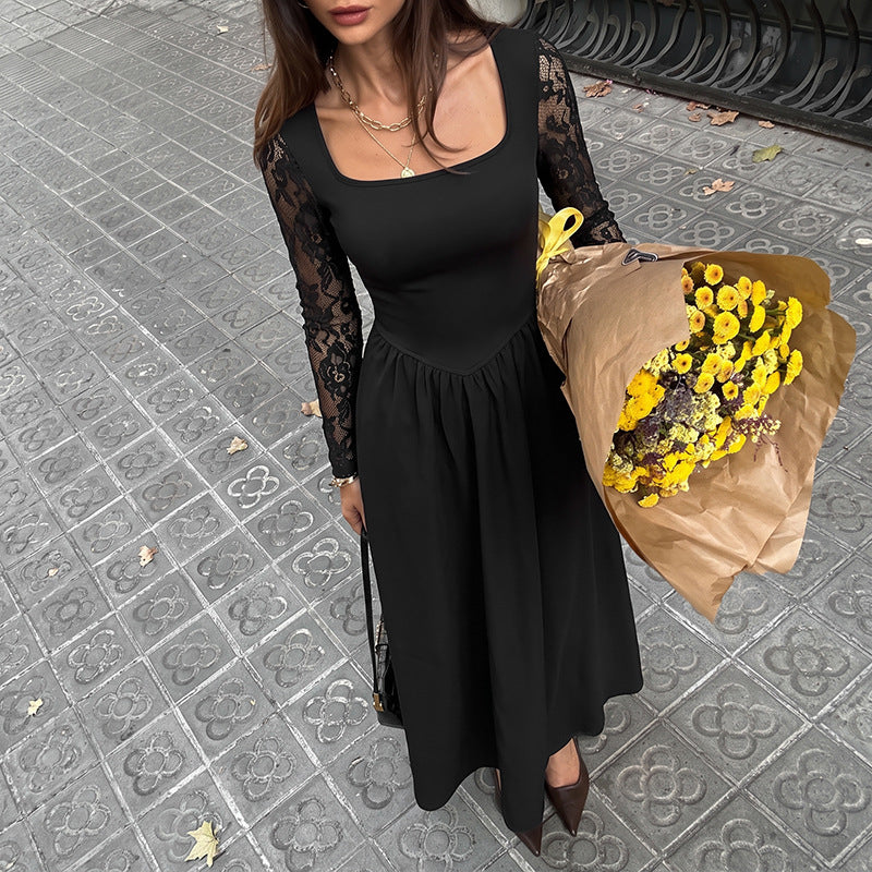 Élégante robe à manches longues en dentelle à col carré