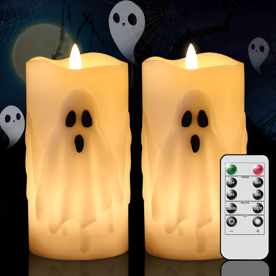 Bougies de pilier sans flamme Halloween Fantôme ensemble de 2 avec télécommande et minuterie
