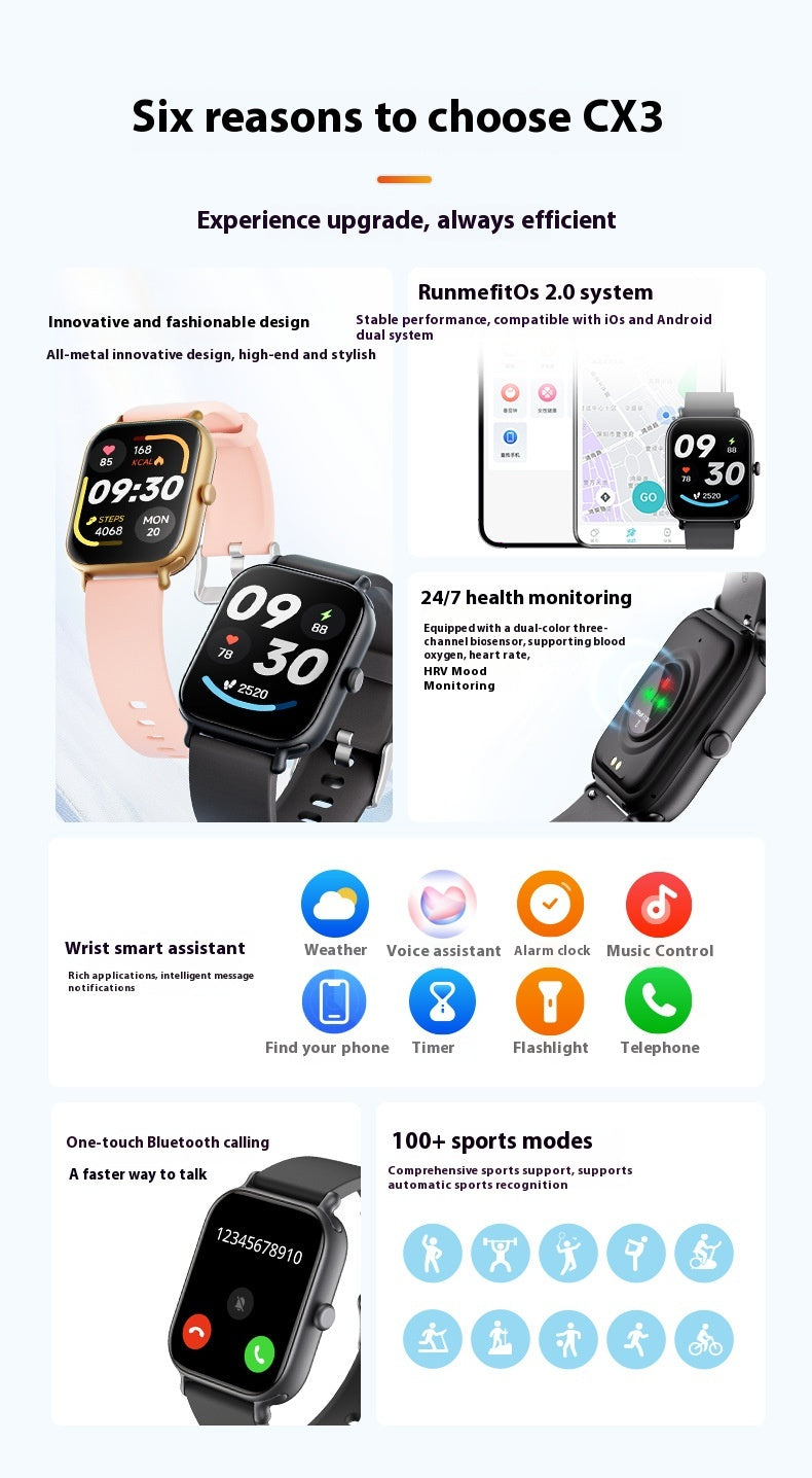 Intelligent Bluetooth Calling Sports Monitoring Watch Fréquence cardiaque haute précision Blood Oxygen Wat