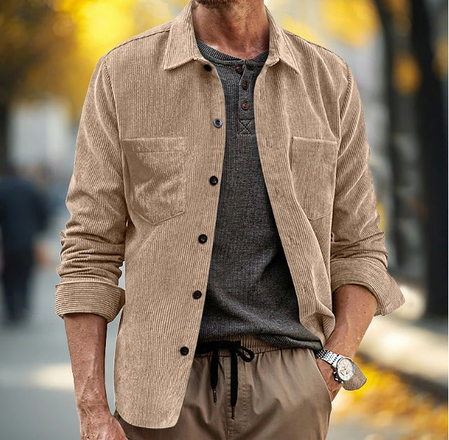 Homme Corduroy manches longues Casual Pocket Lapel Veste chemise