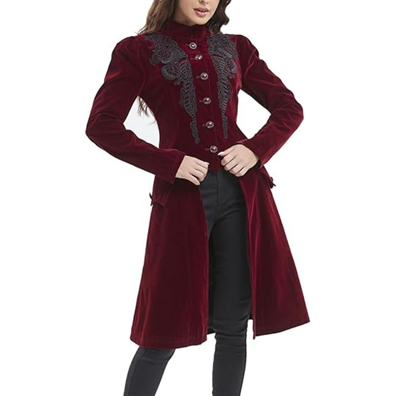 Long-sleeved retro-chic printed coat with a long collar