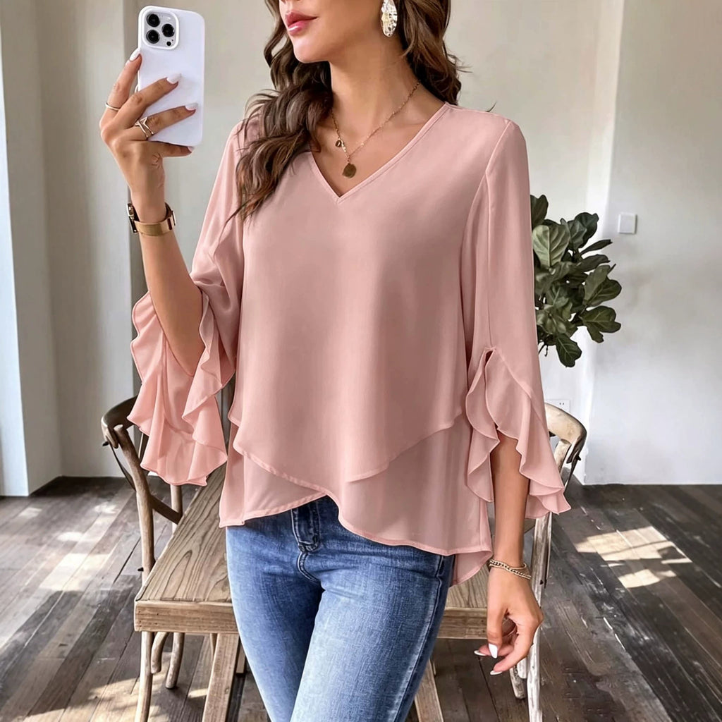 Top femme à col V avec manches volantes