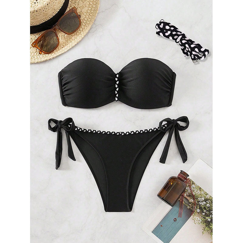 Strapless de couleur solide Sexy Chic Dentelle-up Bikini Beach Maillots de bain