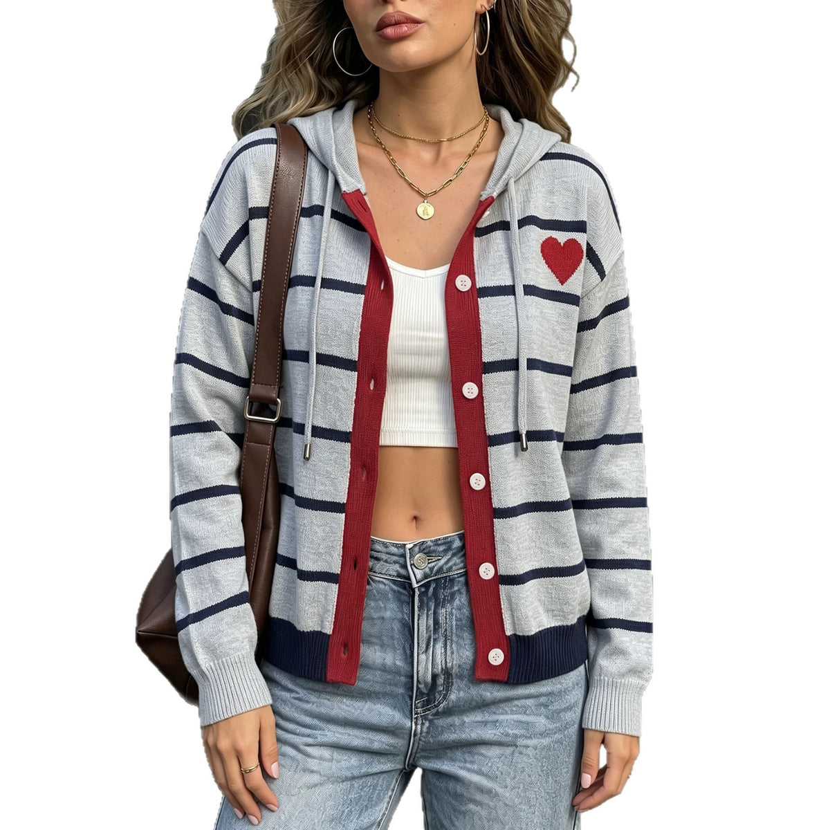 Les femmes tricotées Cardigan avec capot et cordon drawstring Casual et polyvalent