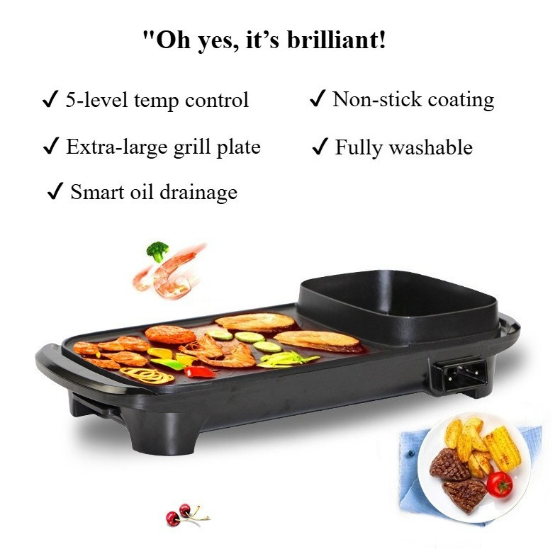 2en1 Pot électrique Barbecue Grill Non-Stick Teppanyaki Pan Cuisinière rectangulaire