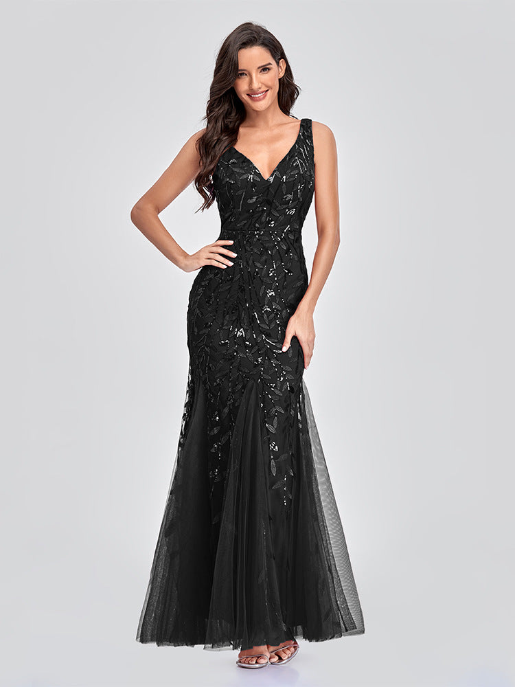 Robe de soirée européenne et américaine Col V Tulle Brodé Paillettes Sexy Sirène Prom Dre