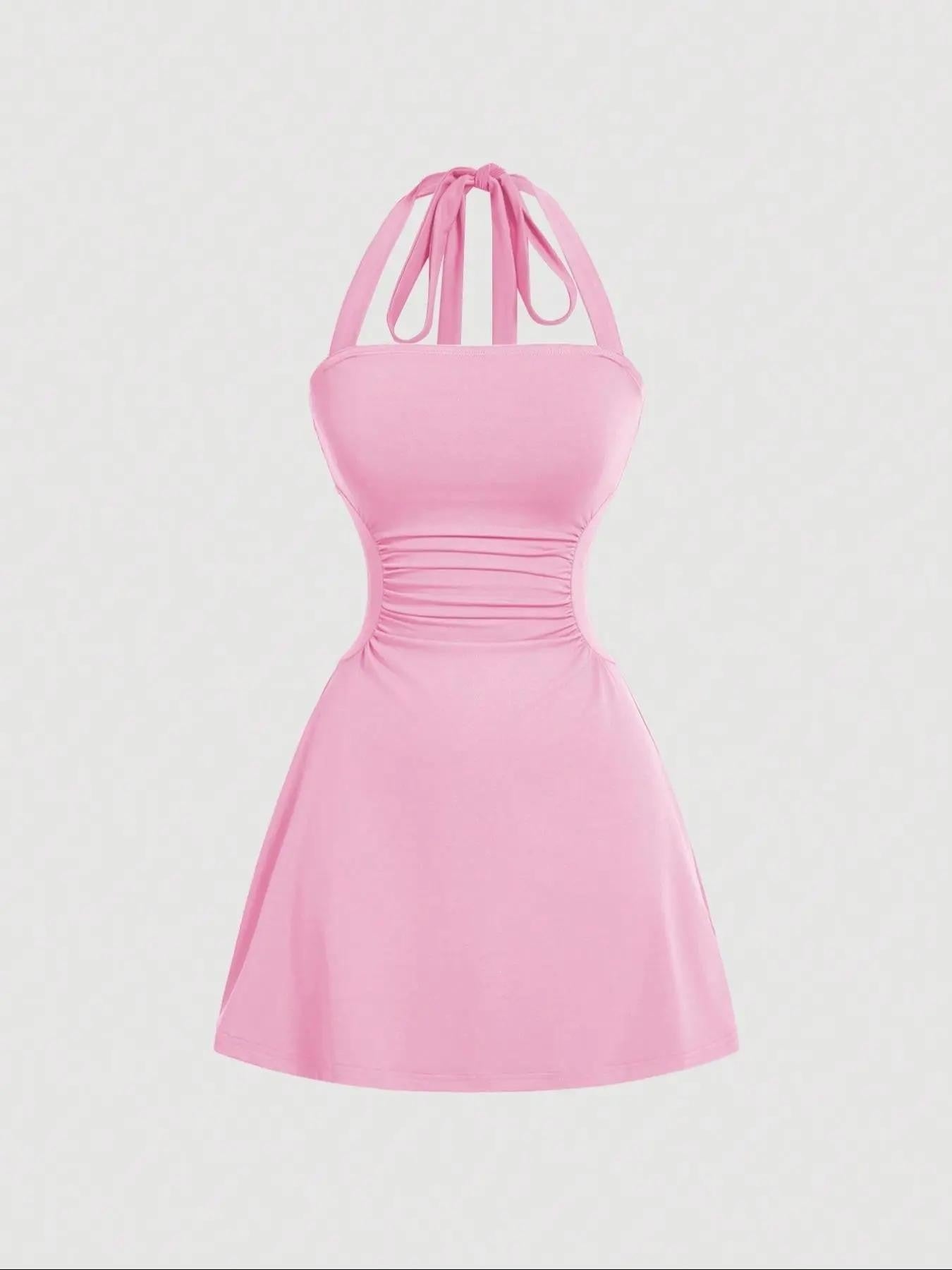 Robe de sangle spaghetti sans dos en tissu plissé couleur solide pour femme