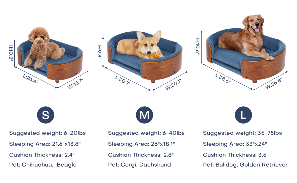 Style scandinave Lit de chien élevé Sofa Pet avec pieds en bois massif et noyer Bent Wood Bac