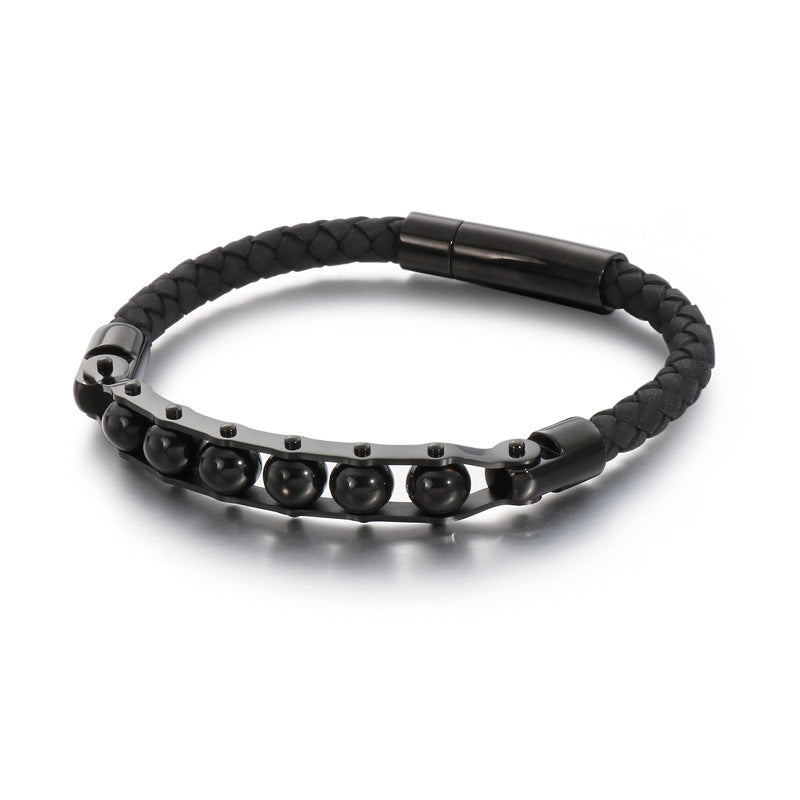 Bracelet en cuir tressé en acier inoxydable rotatif pour homme