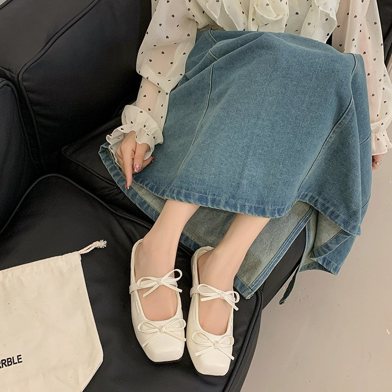 Femmes Style doux Bow Polka Dot fermé orteil Mules