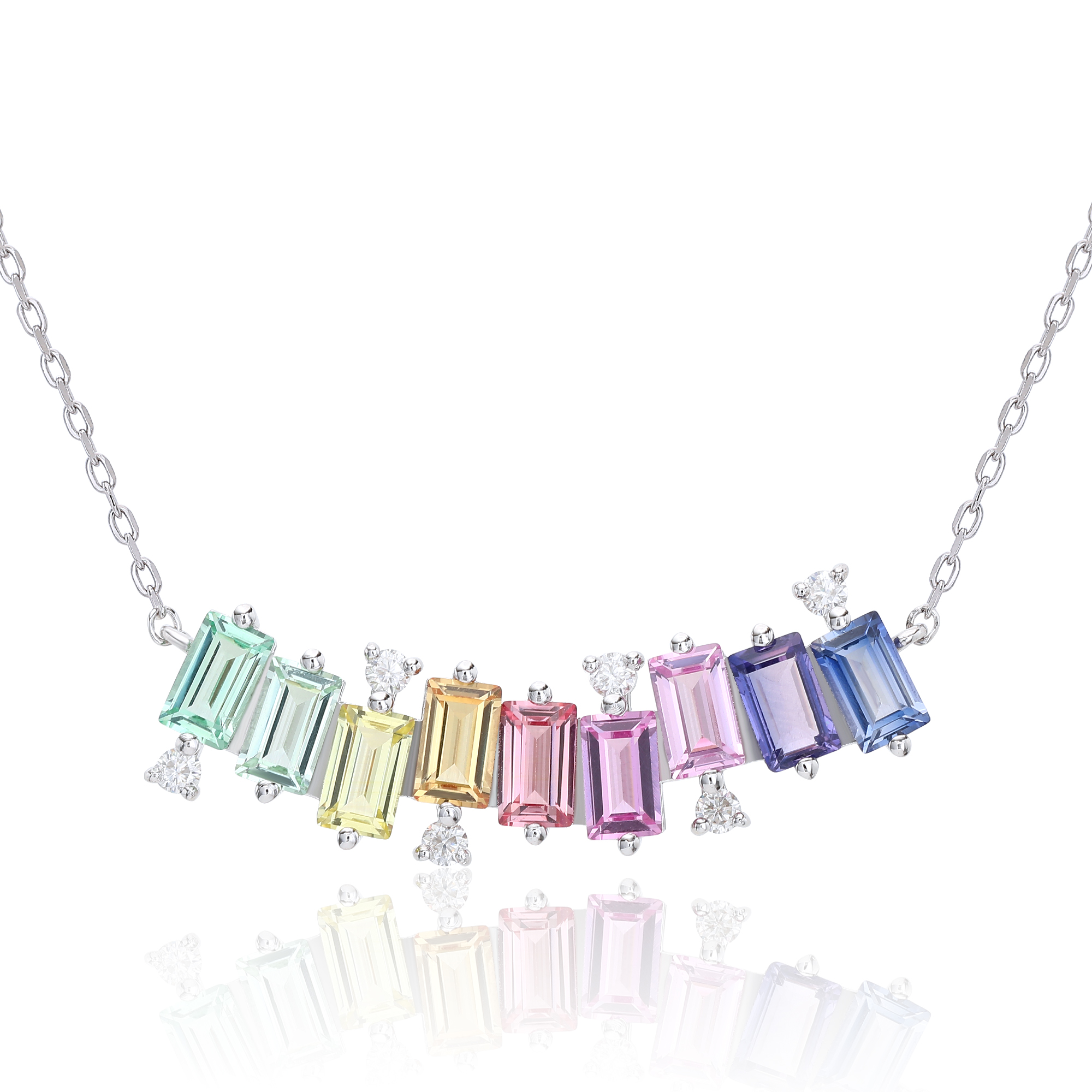 S925 Argent Sterling Rectangle Rainbow Lab-Grown Gemstone Collier 45cm Platinum plaqué Wi