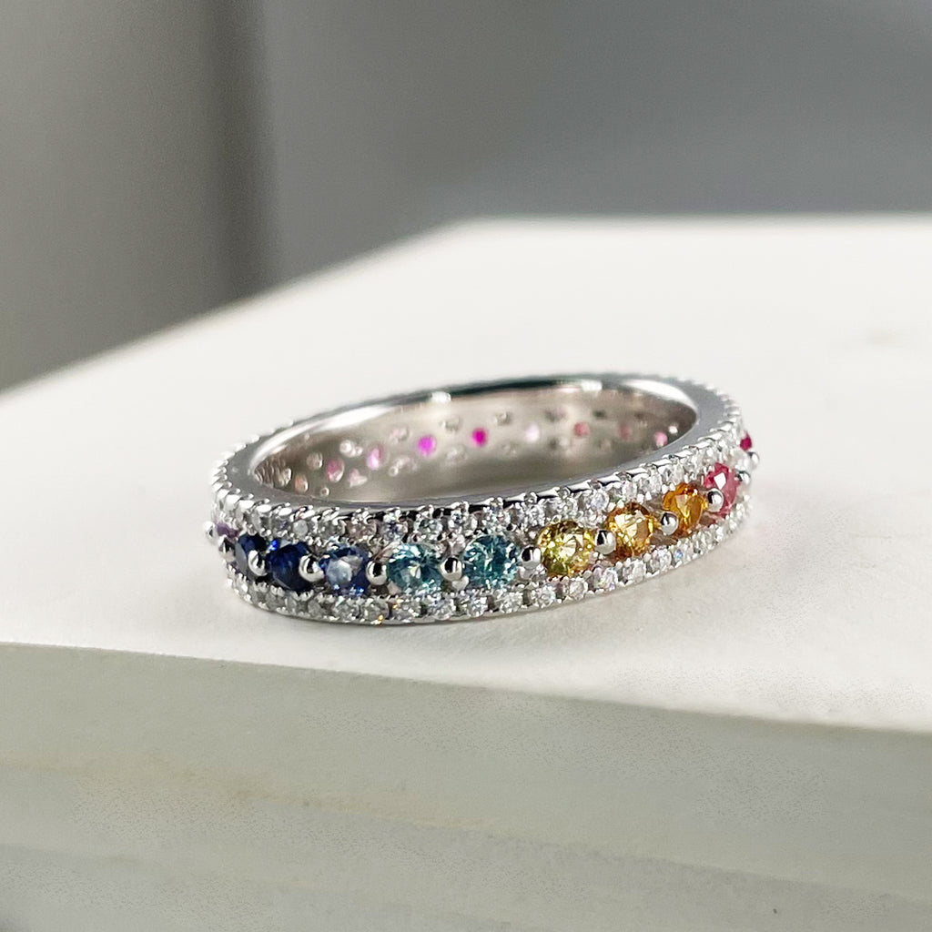 S925 Argent Sterling Rainbow Lab-Grown Gemstone Anneau d'éternité Pave Moissanite États-Unis Taille 5-9