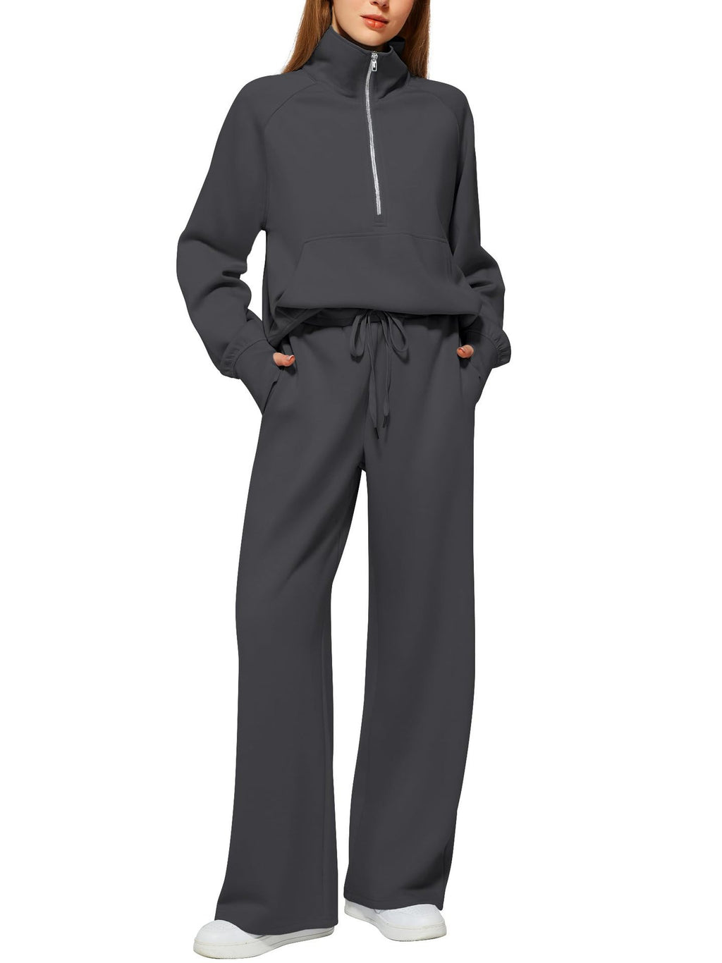 European and American Amazon Women's Two Piece Set Sweatshirt surdimensionné demi-zip Wide-Leg