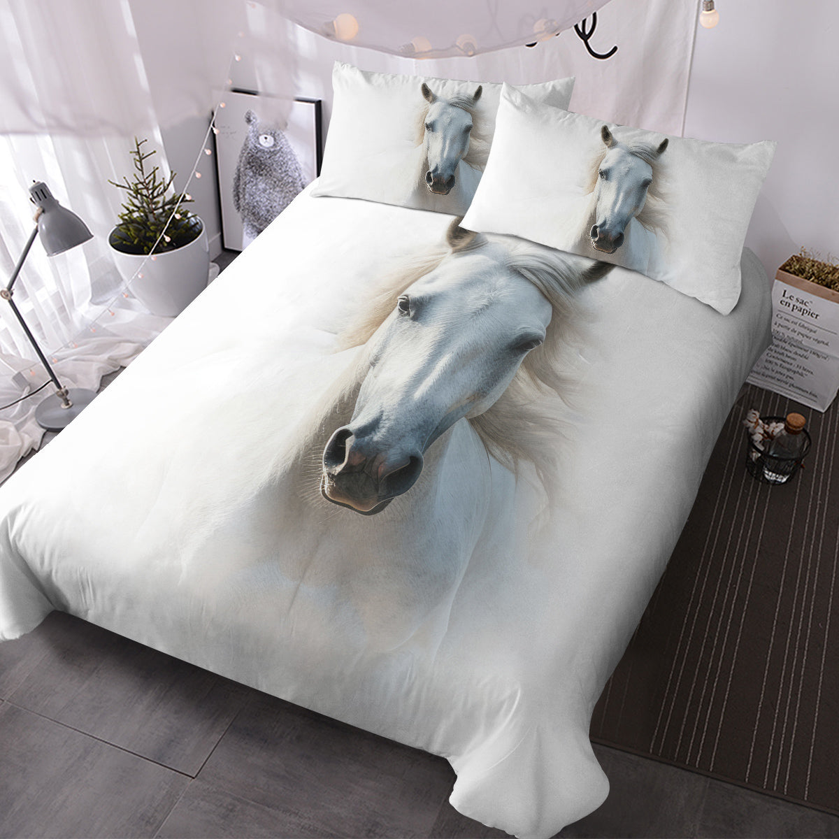 White Horse Bedding Set Horse Cover Comforter for Teens Super Soft Construction From