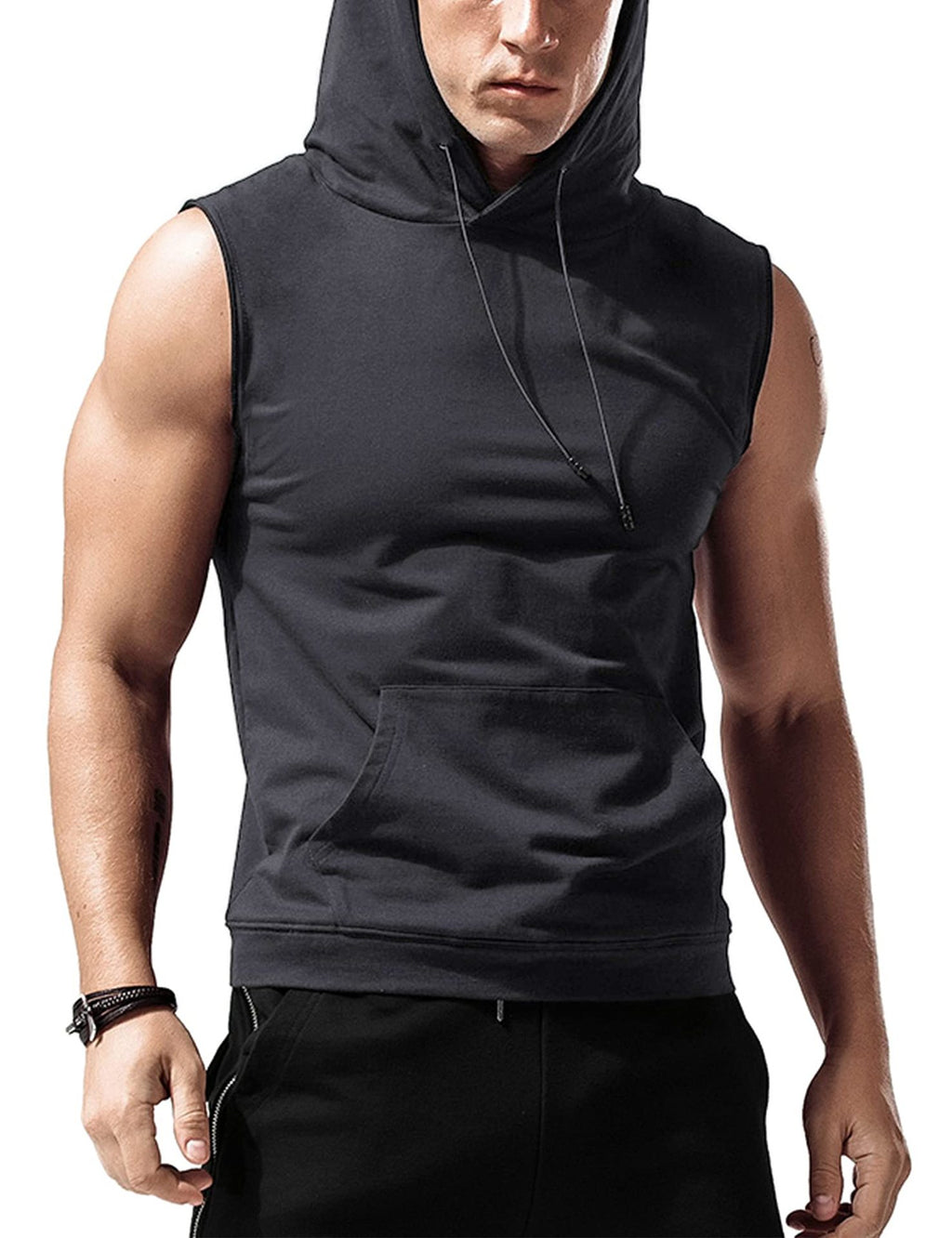 Tank pour hommes haut à capuche sans manches Loose Solid Color Pocket Fitness entraînement musculaire