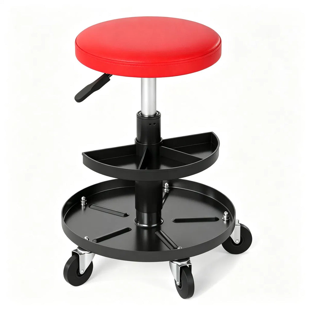 Tabouret mécanique à rouleaux réglable rouge avec bacs de stockage d'outils de 2 étages