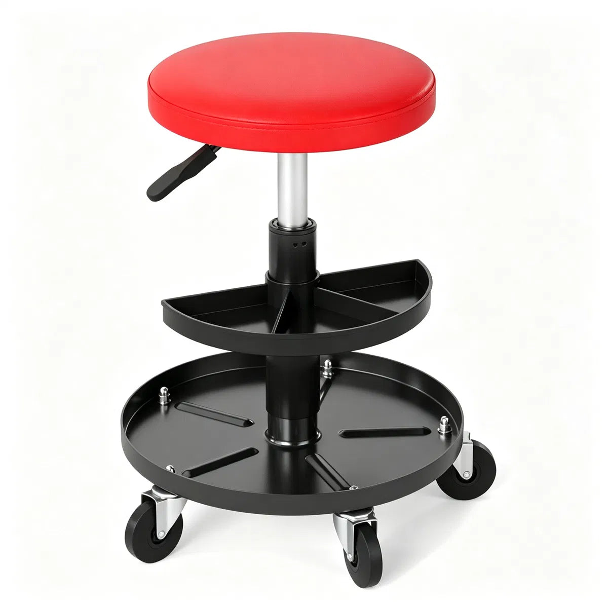 Tabouret mécanique à rouleaux réglable rouge avec bacs de stockage d'outils de 2 étages