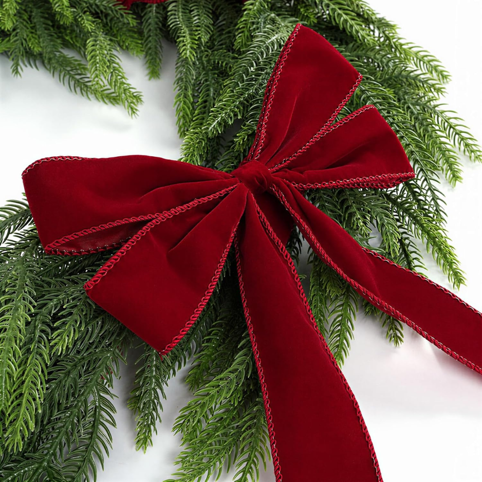 Decor de Noël 6FT Norfolk Pine Garland avec ruban Bows Velvet rouge