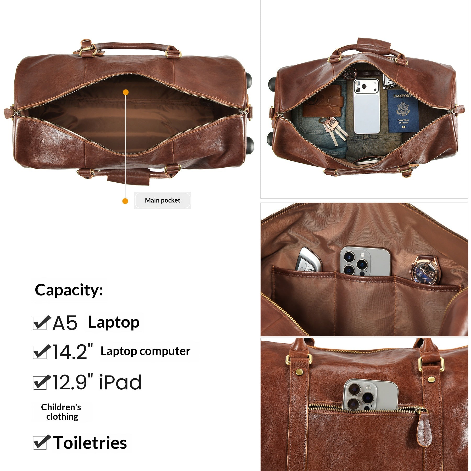 Sac de voyage en cuir de cheval fou
