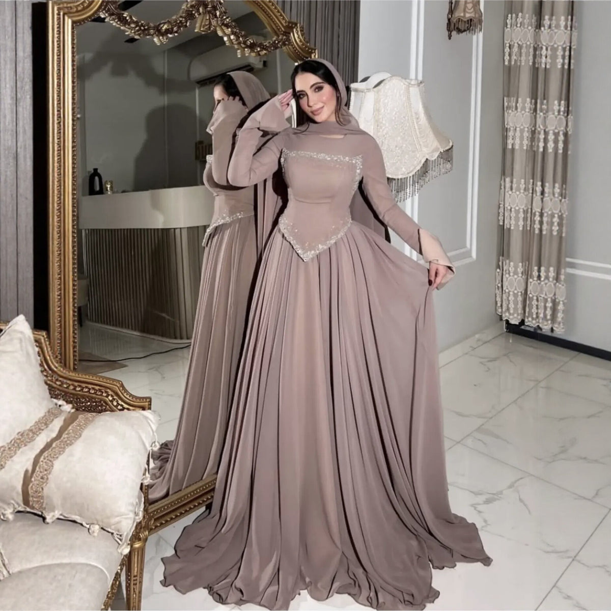 Elegant long-sleeved rhinestone evening gown