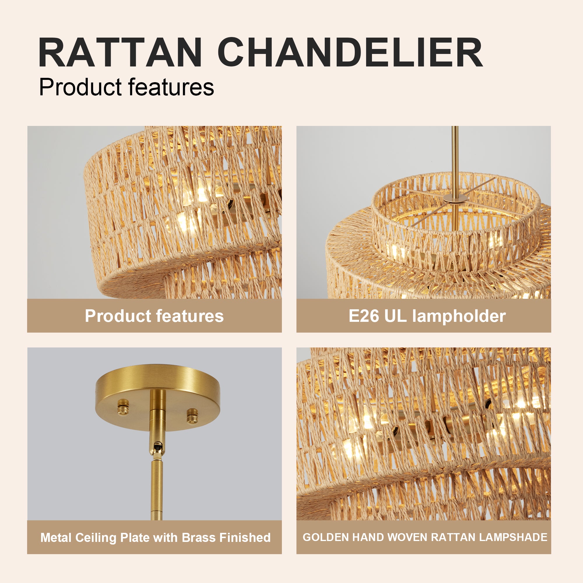 17.7" Boho Rattan Chandelier pour salle à manger luminaire
