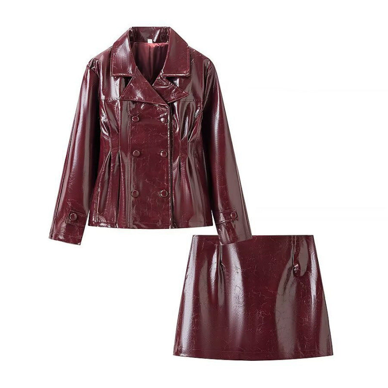 Brevet craqué Faux Cuir Double Breasted Short Blazer & High Waist Mini A-Line Jupe Tw