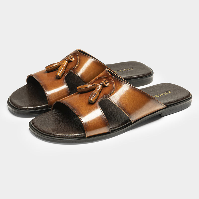 Pantoufles en cuir véritable pour hommes fabriquées à partir de cuir de vache à grains entiers