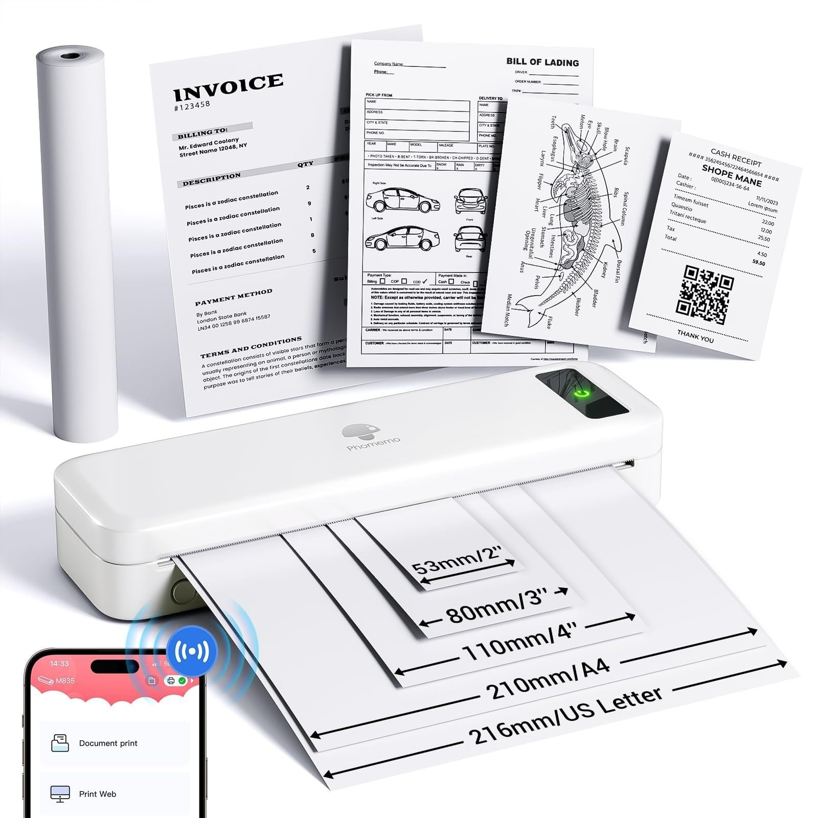 M835 Thermique A4 Mini Bureau Imprimante Bluetooth sans encre portable
