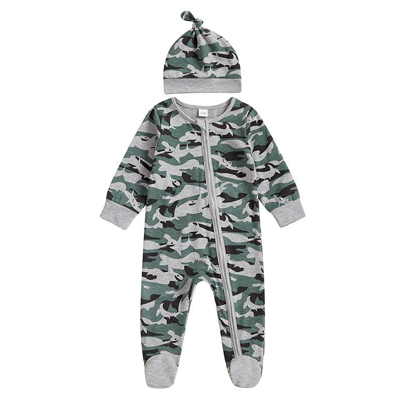 Creative Camouflage Print Zip-Up Baby Onesie et Hat Set