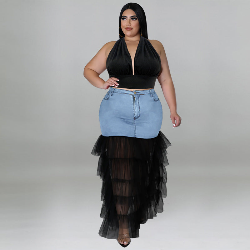218187 L'Europe et les États-Unis Grande taille Laver les femmes Denim Mesh Sexy Jupe Amazon