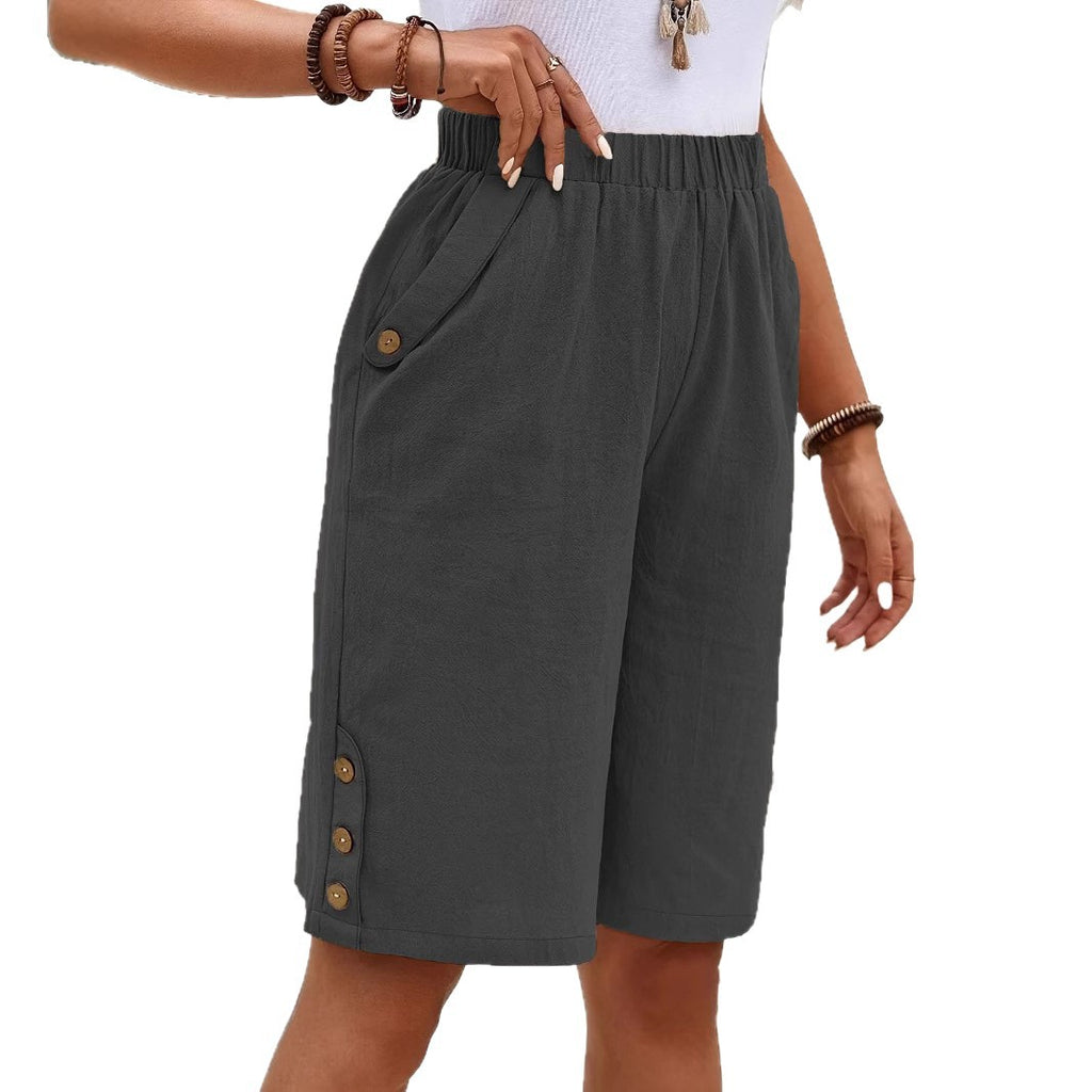 Short en coton et en lin Pantalons à cinq points European and American Women's Solid Color Casual