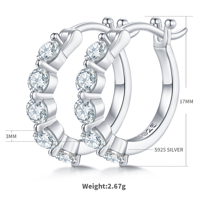 S925 Boucles d'oreilles en argent sterling 10pcs Moissanite Hoop pour femmes 17mm plaqué platine GRA Cer