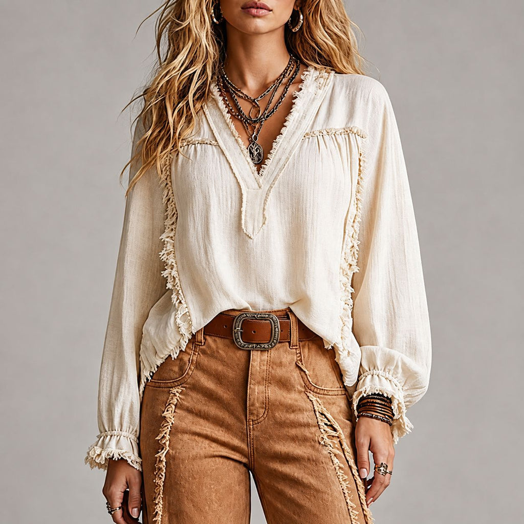Chemise vintage en couleur solide pour femmes avec manches longues en collier Et des gâteaux