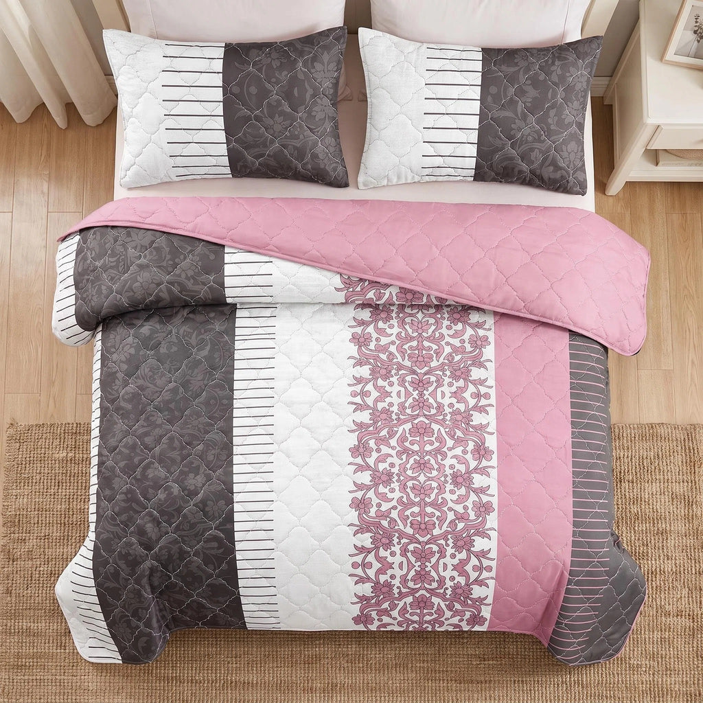 3-Piece noir blanc et rose Floral couvre-lit matelassé pour le roi de Californie