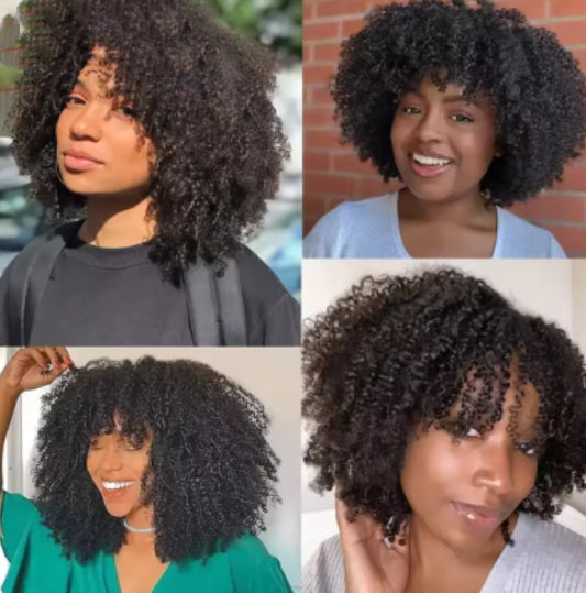 Afro Kinky Curly Cheveux humains Perruques sans colle avec Bangs 4B 4C