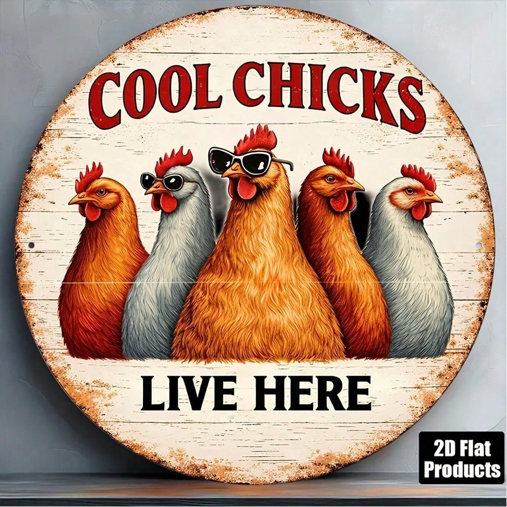 8x8in Retro Cool Chicken Round Sign Funny Farmhouse Bar Decor