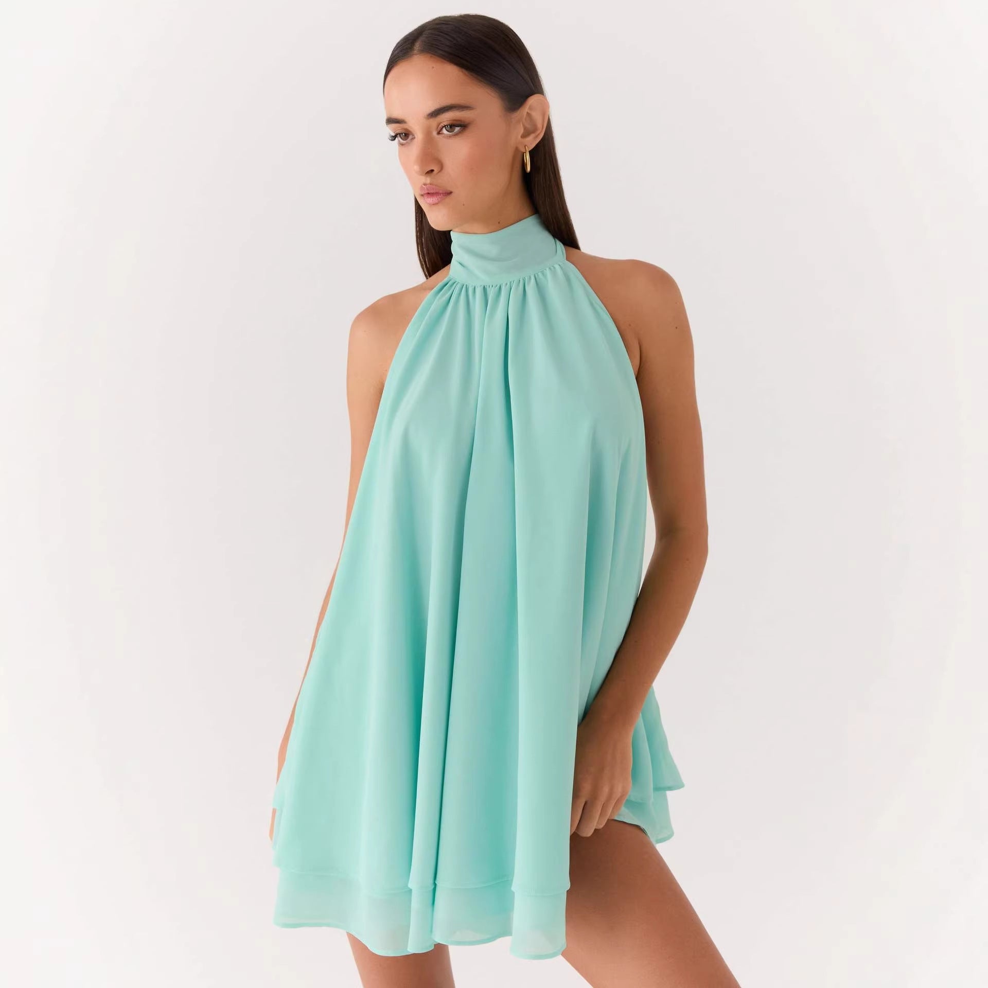 Robe sans manches col haltère Col élevé Double couche