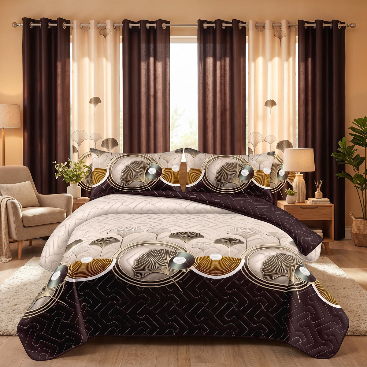 Couche de lit et rideau 9 piece brun et noir Lotus